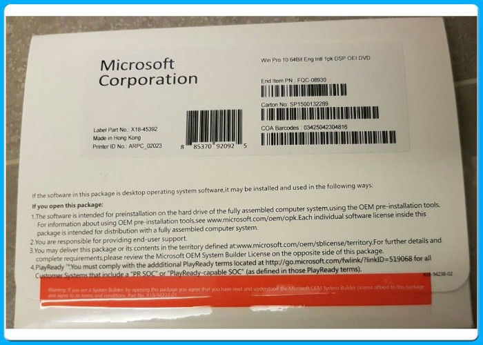 Nouveau pro bit scellé DVD du logiciel 64 de Microsoft Windows 10 avec l'anglais de la clé X d'OEM