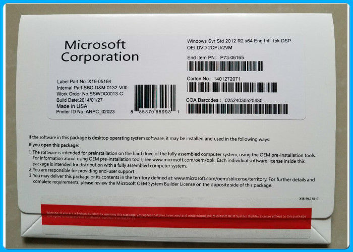 Norme r2 64 DSP OEI DVD et COA - 2CPU/2V du serveur 2012 de Microsoft Windows