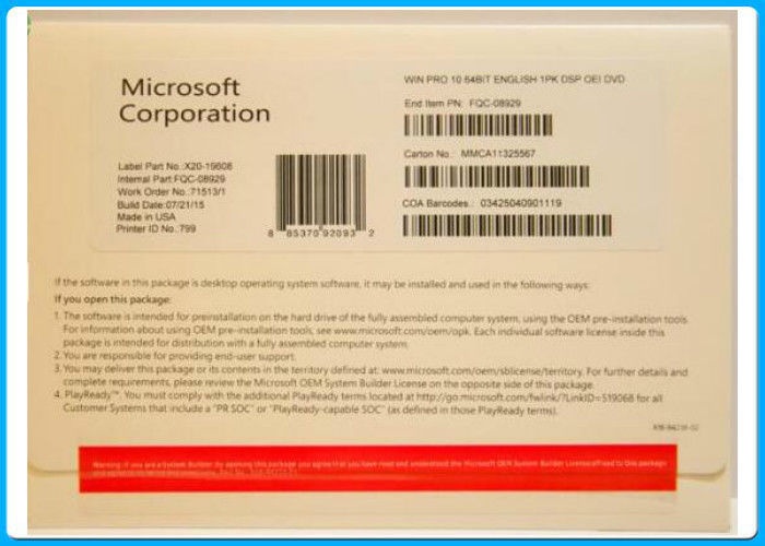 paquet globalement Microsoft Windows d'OEM 10 pleines versions de pro de logiciel d'OEM de produit langue multi de clé