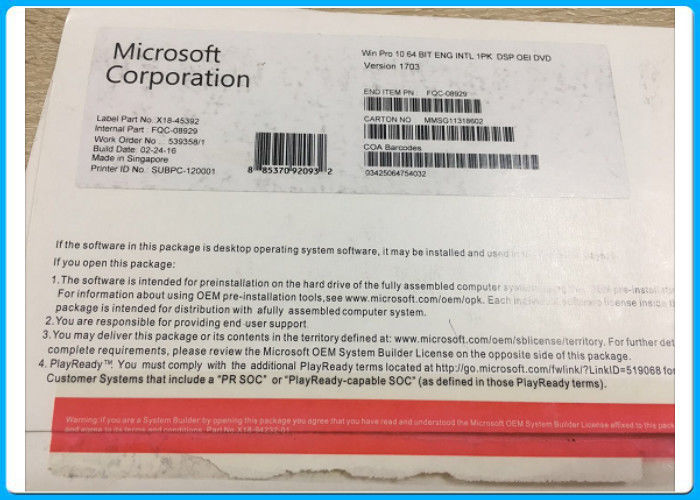 Pro version 1703 du bit DVD d'OEM 64 de Microsoft Windows 10 véritables professionnels
